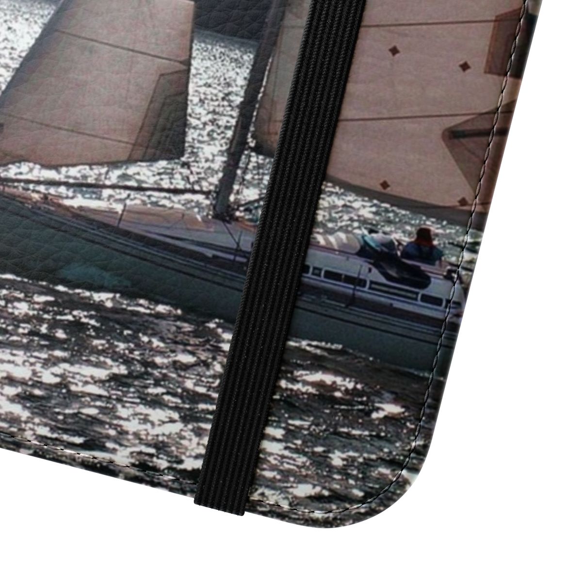 Vibrant phone case featuring a beautiful sunset over the ocean with a sailing boat - Close Up