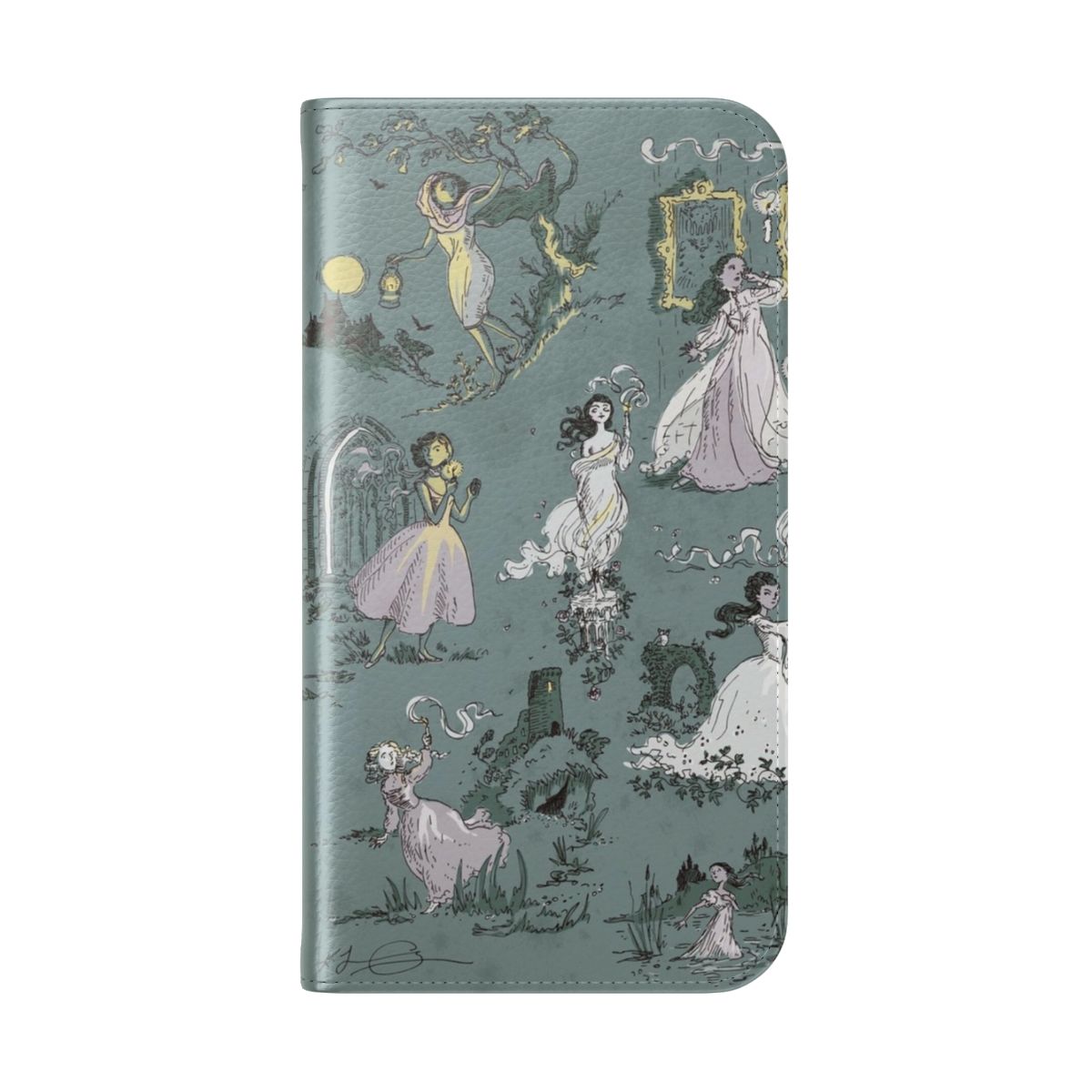 Flip phone case with illustration of girls running from a haunted house - Folded Back