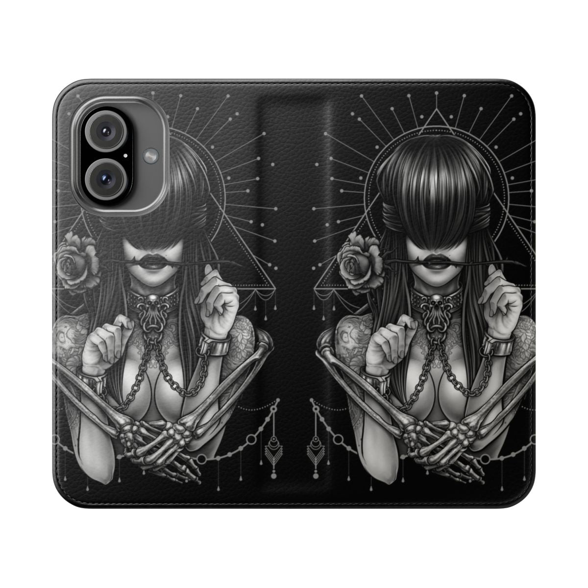 Black and white "See No Evil" flip phone case with neo-traditional tattoo-inspired design