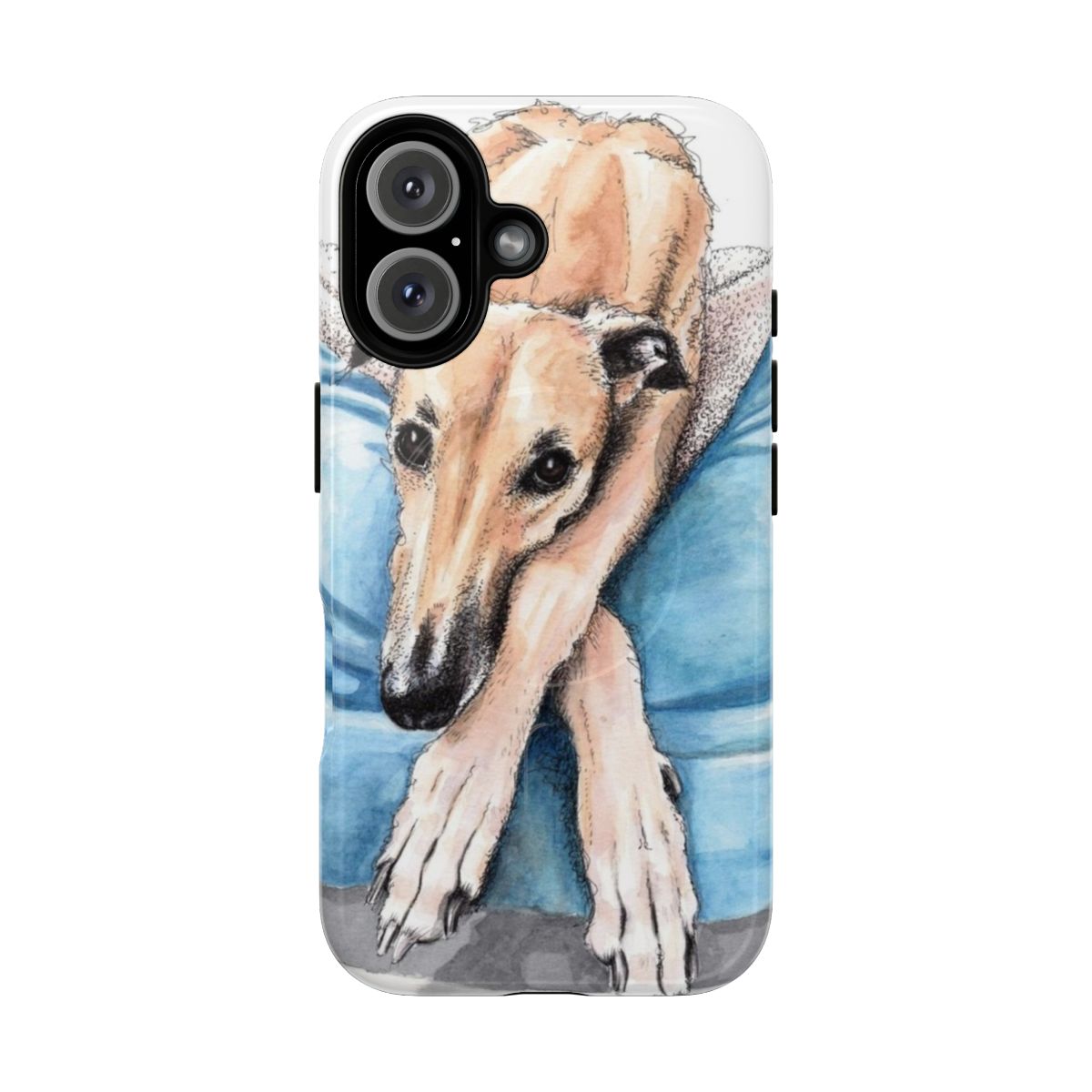 Greyhound dog on a blue bed with paw print design on a phone case