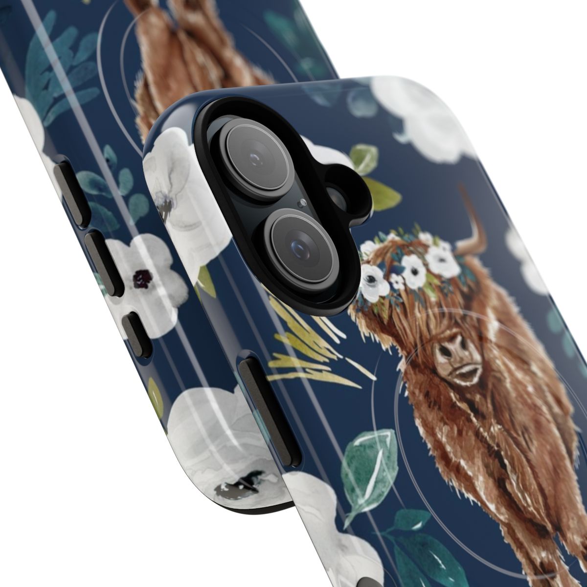 Watercolor floral pattern with a highland cow, perfect for a farmhouse chic phone case - Detail