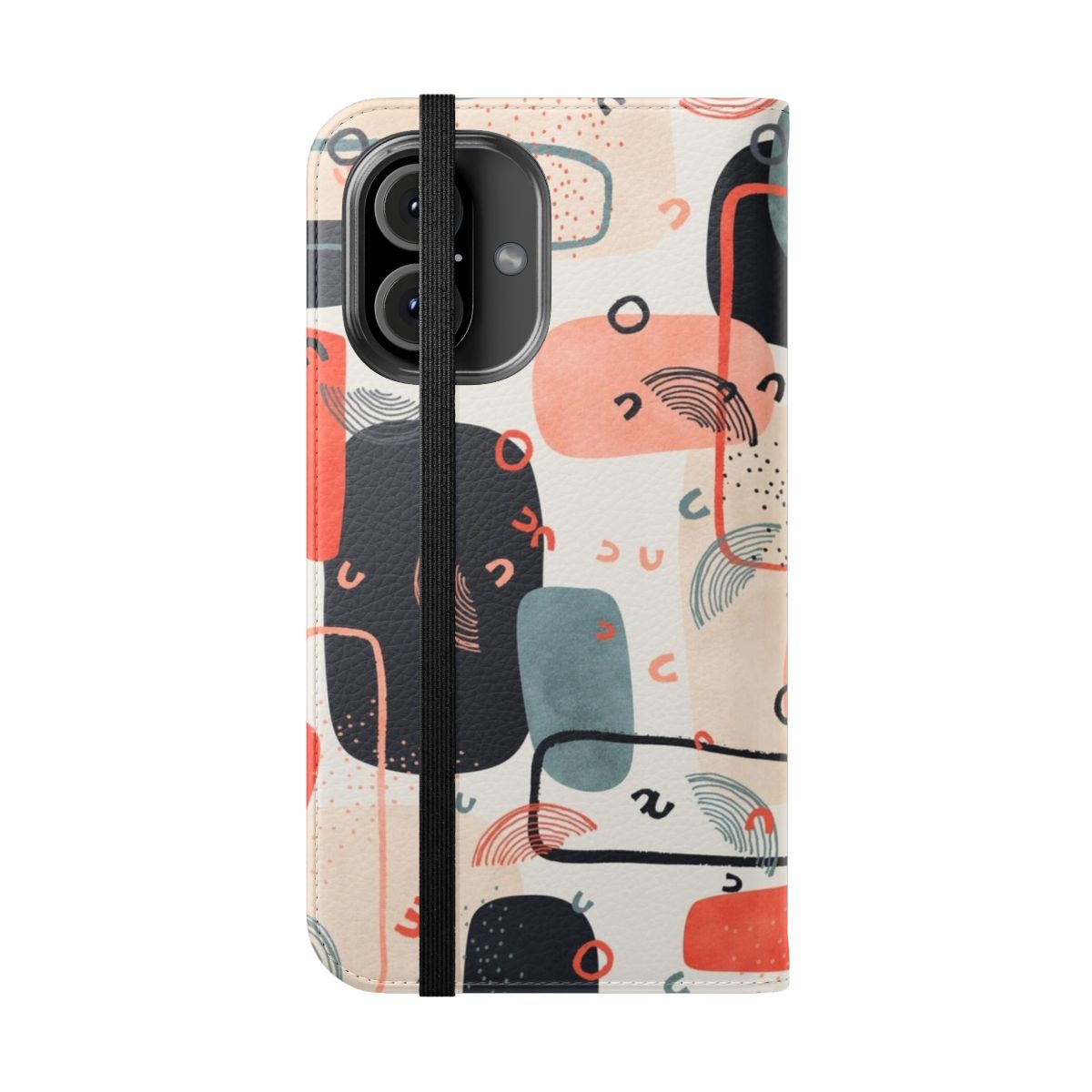 Versa Flip Cover Phone Case featuring an abstract, minimalist design with shapes, lines, and watercolor-inspired patterns in red, pink, and blue tones. - Folded Front