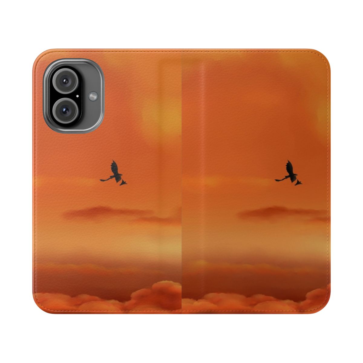 Photo of a phone case with an orange sky, clouds, and silhouettes of a dragon and rider