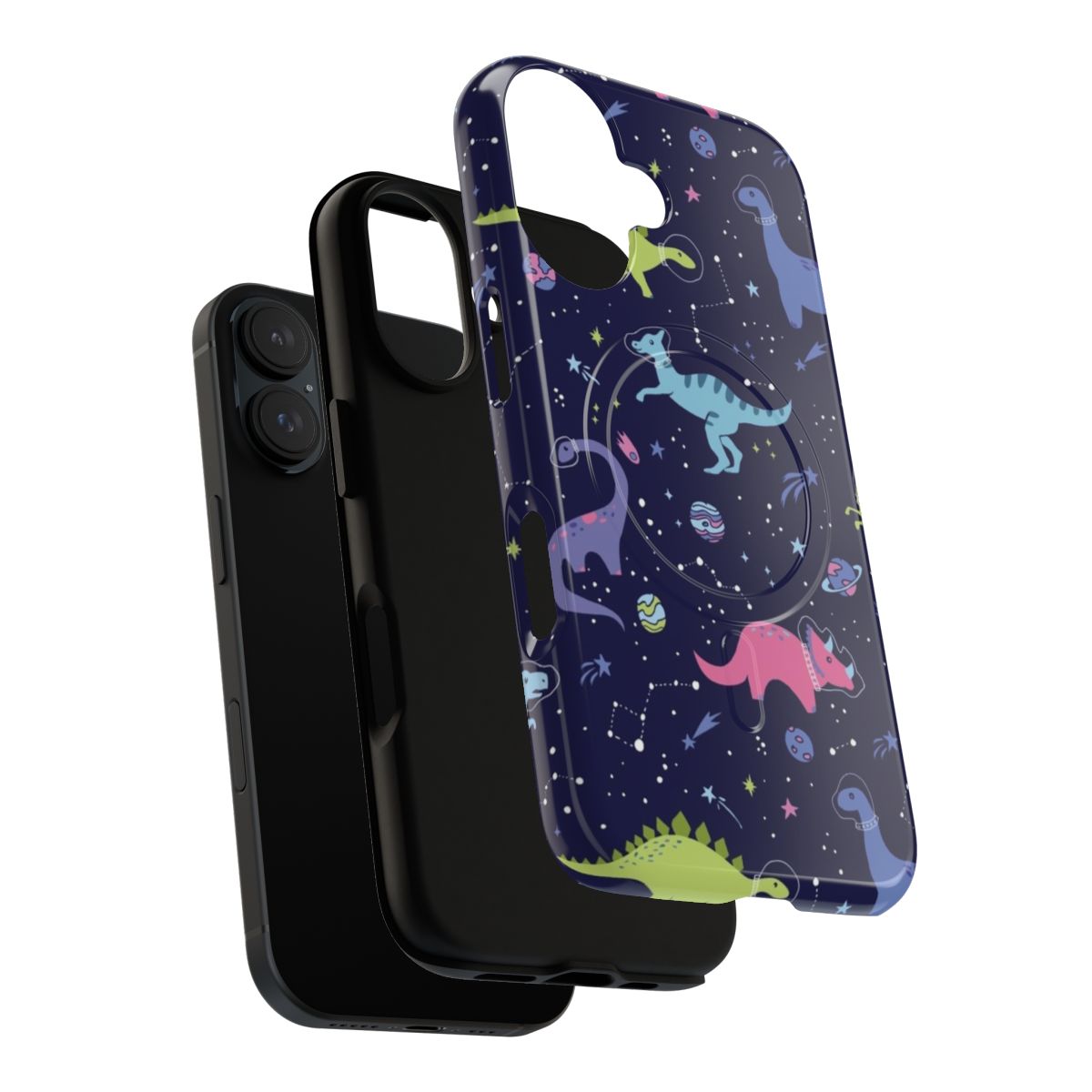 A vibrant phone case featuring space-themed dinosaurs against a starry night sky. - Layers