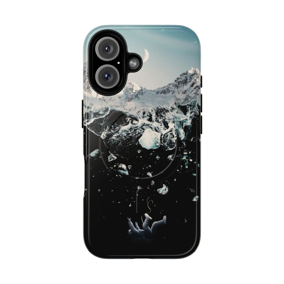 A phone case featuring a surreal, cosmic landscape with an astronaut and celestial bodies.