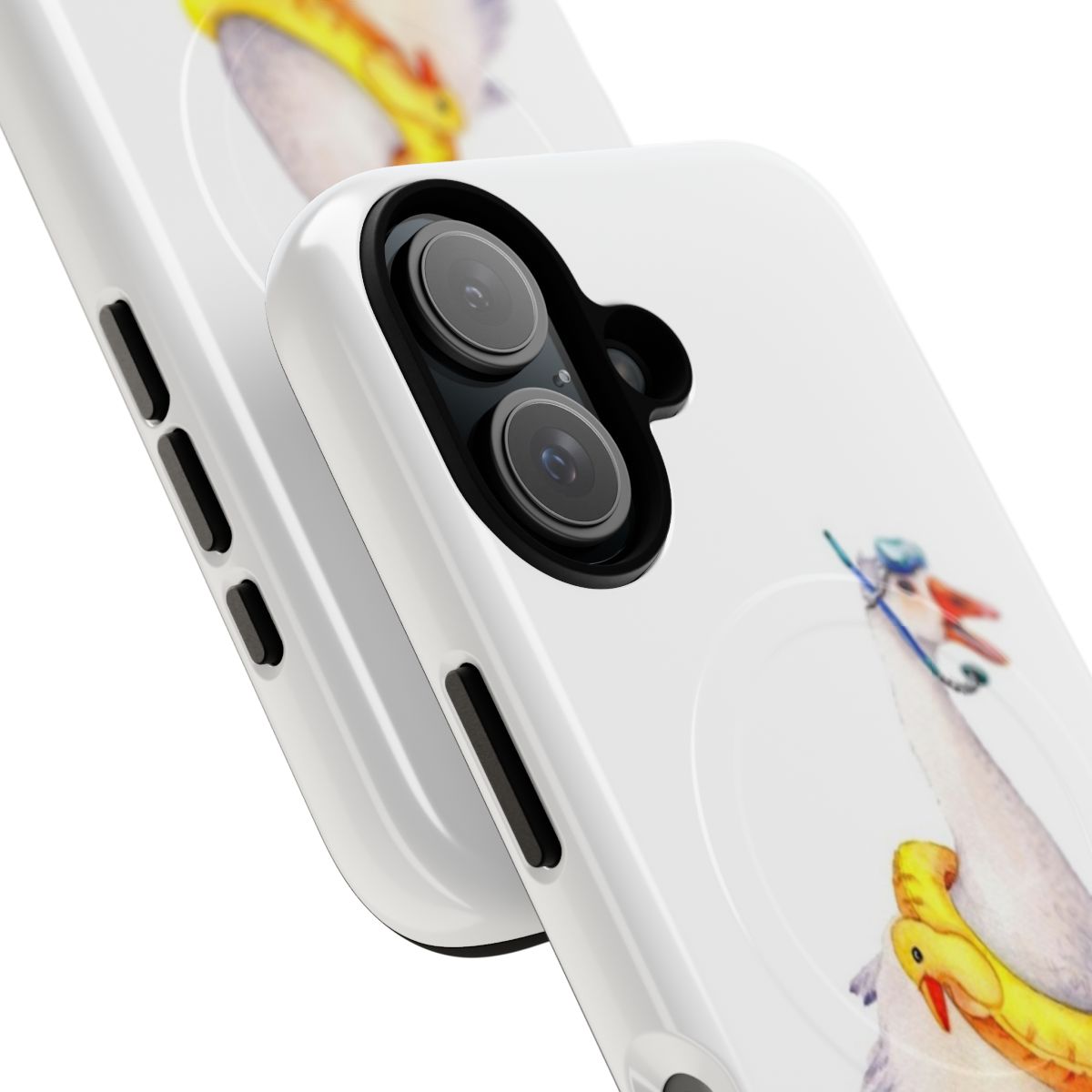 Illustrated white goose wearing a snorkeling mask on a phone case - Detail