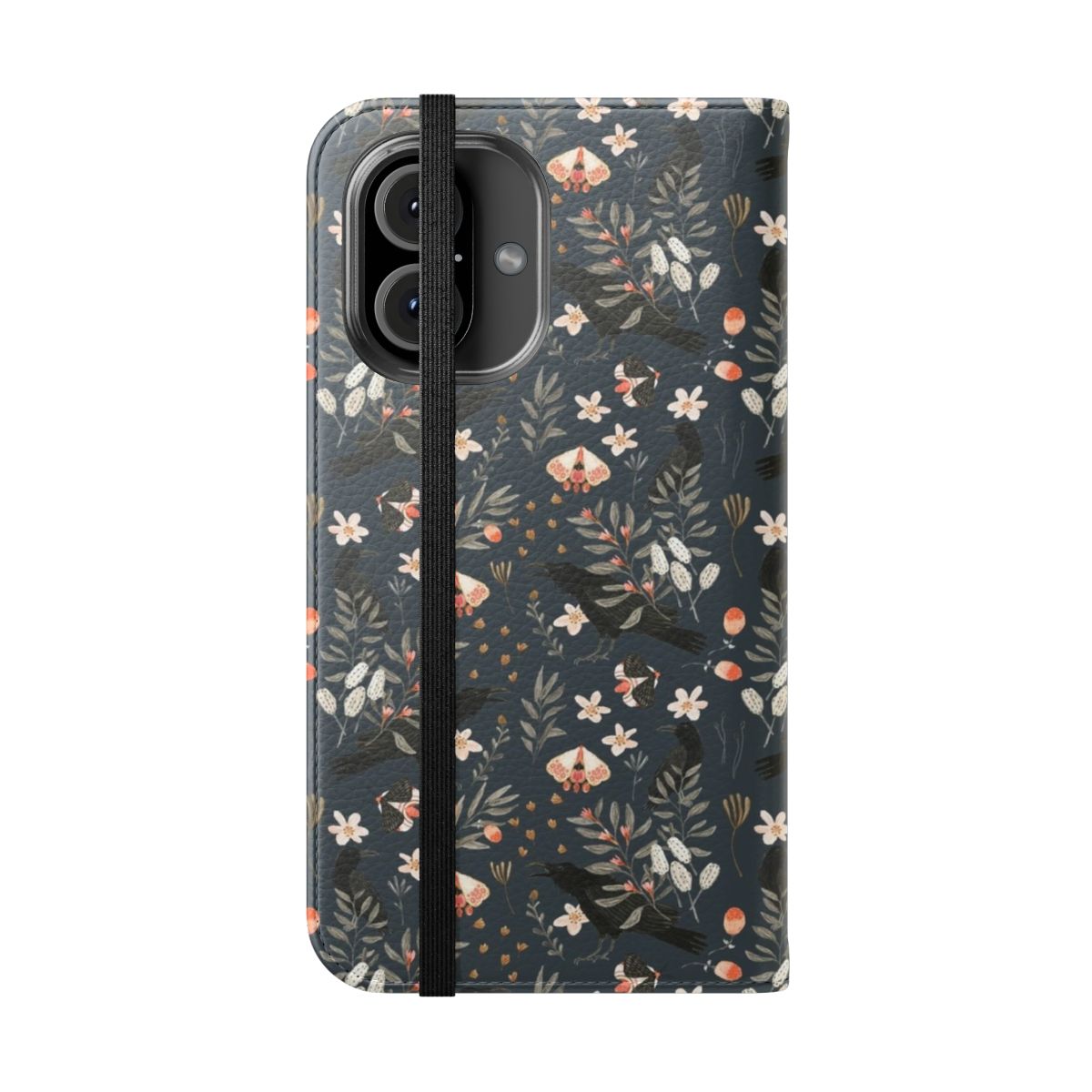 Black phone case with a floral and butterfly design - Folded Front