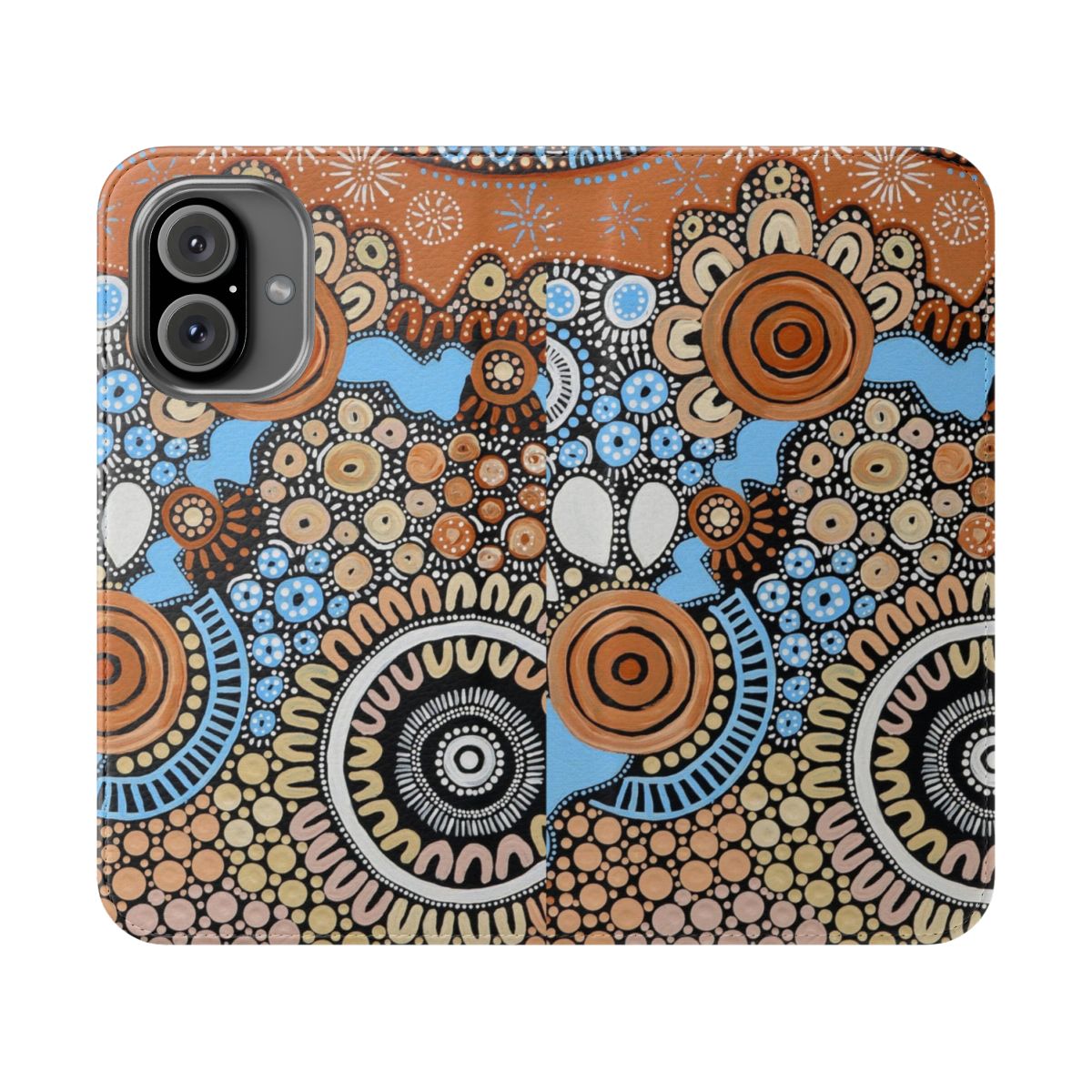 Flip phone case with aboriginal dot painting style design