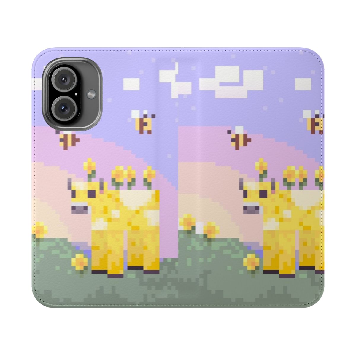 Pastel-colored Minecraft Moobloom and Bee design on a flip cover phone case