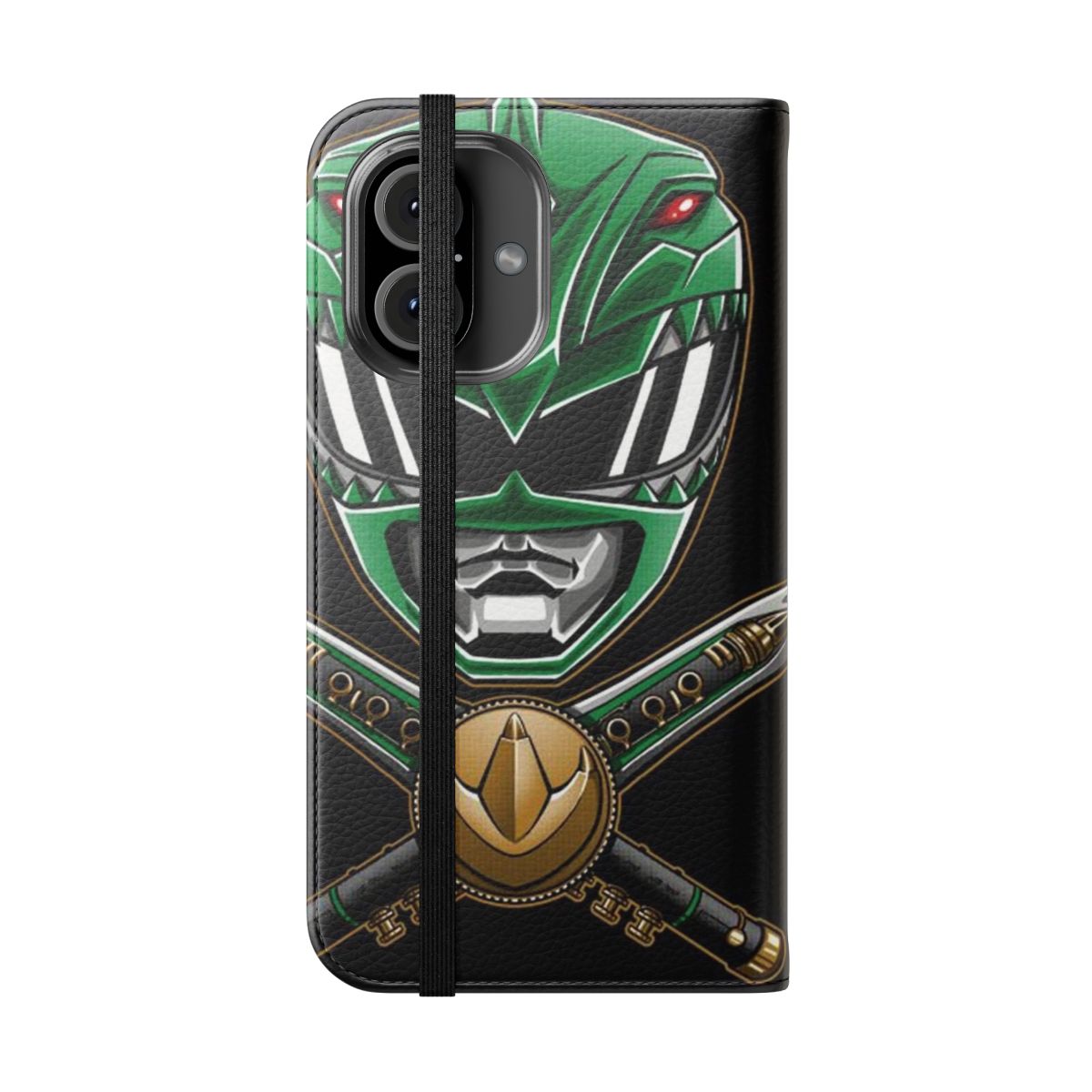 Retro-style flip cover phone case with green ranger inspired design - Folded Front