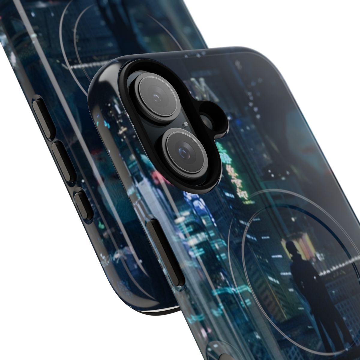 Cyberpunk-style phone case with Ghost in the Shell-inspired cityscape design - Detail