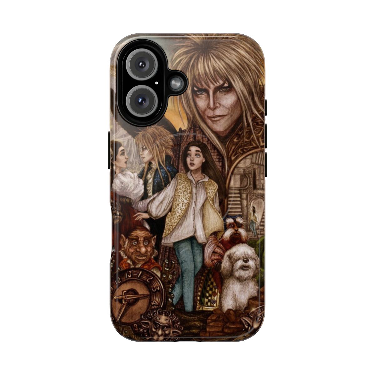 Labyrinth-inspired fantasy phone case with characters and symbols from the beloved film