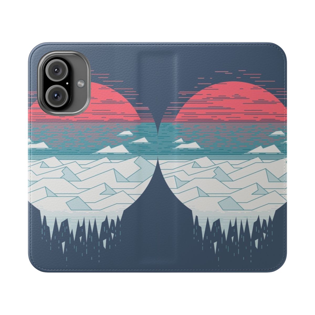 Minimalist phone case with a pastel sunrise design set against an arctic landscape.