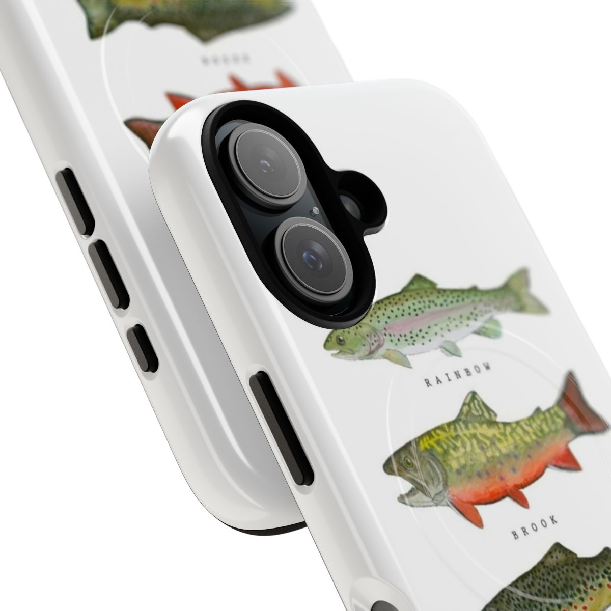 Artistic phone case design featuring three trout species - rainbow, brook, and brown trout - in the Sierra Nevada mountains. - Detail