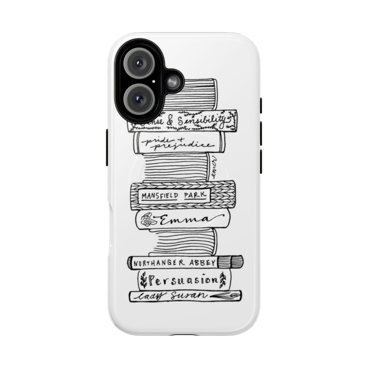 Artistic black and white sketch-style phone case featuring characters and designs from the collected works of Jane Austen.