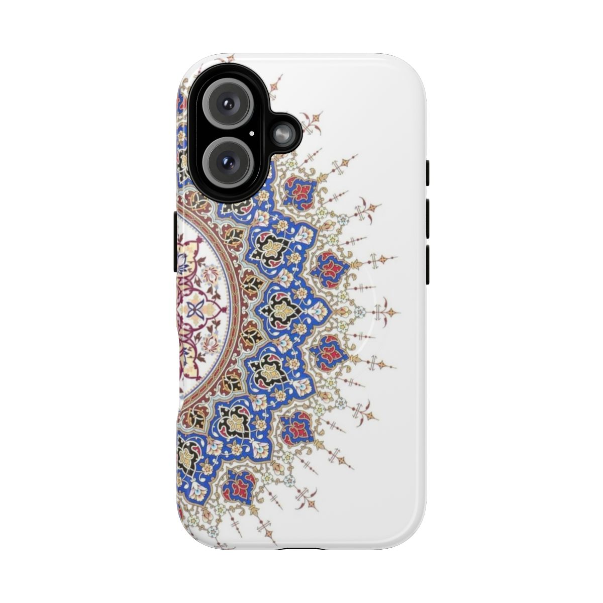 Stylish phone case featuring a vibrant Islamic-inspired design with arabesque patterns and geometric shapes in shades of blue.