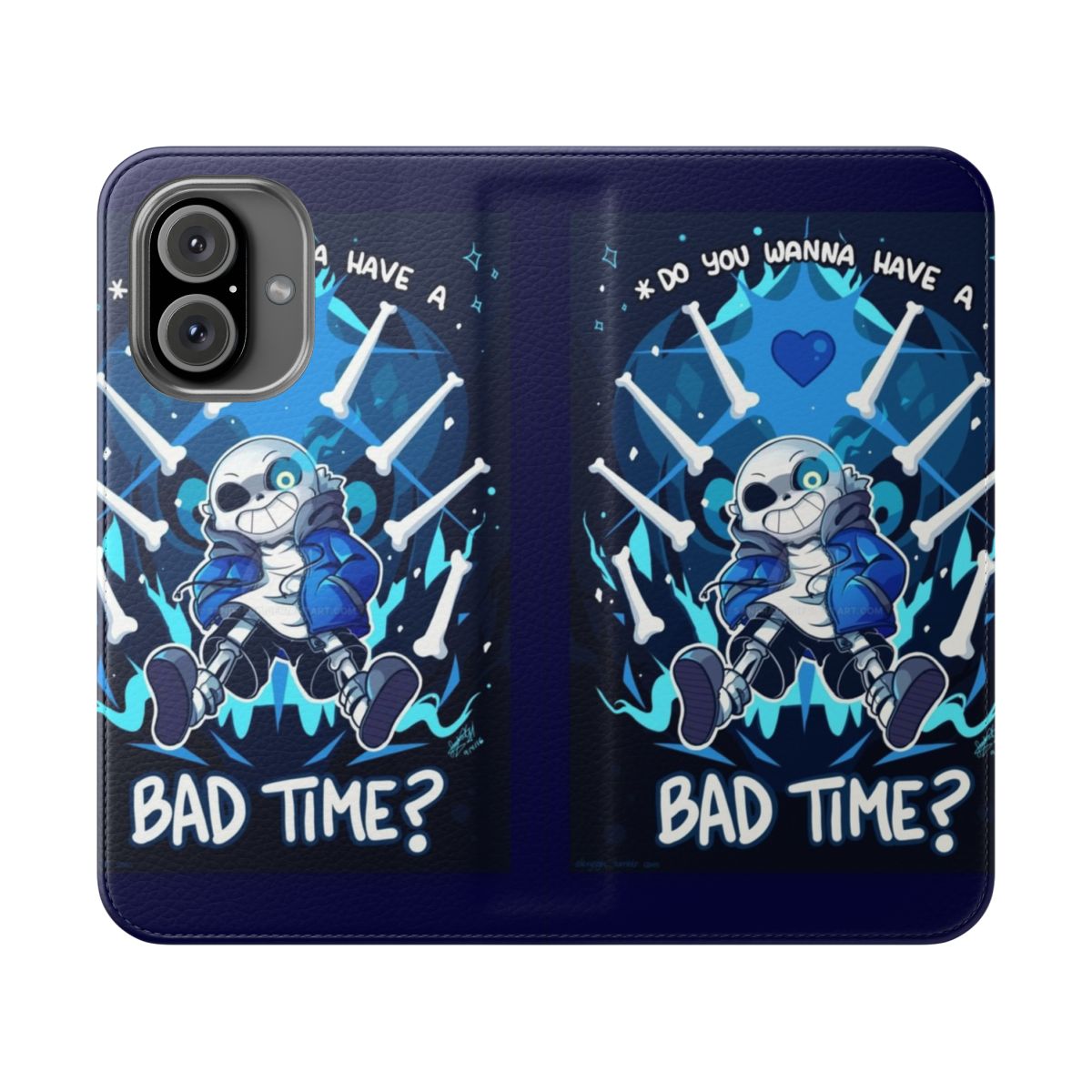 Undertale-themed flip cover phone case with Sans character design