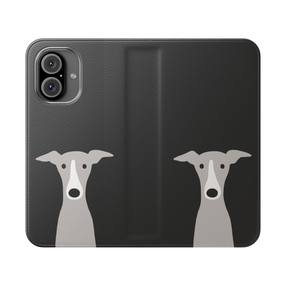 Colorful cartoon illustration of a greyhound, italian greyhound, and whippet on a flip phone case.