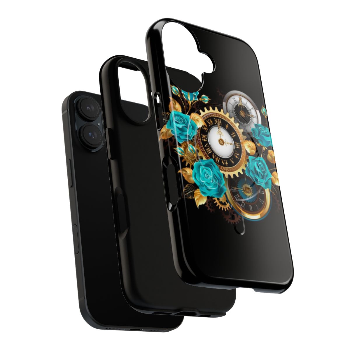 Vintage floral phone case with golden petals and turquoise roses, depicting a time travel theme. - Layers