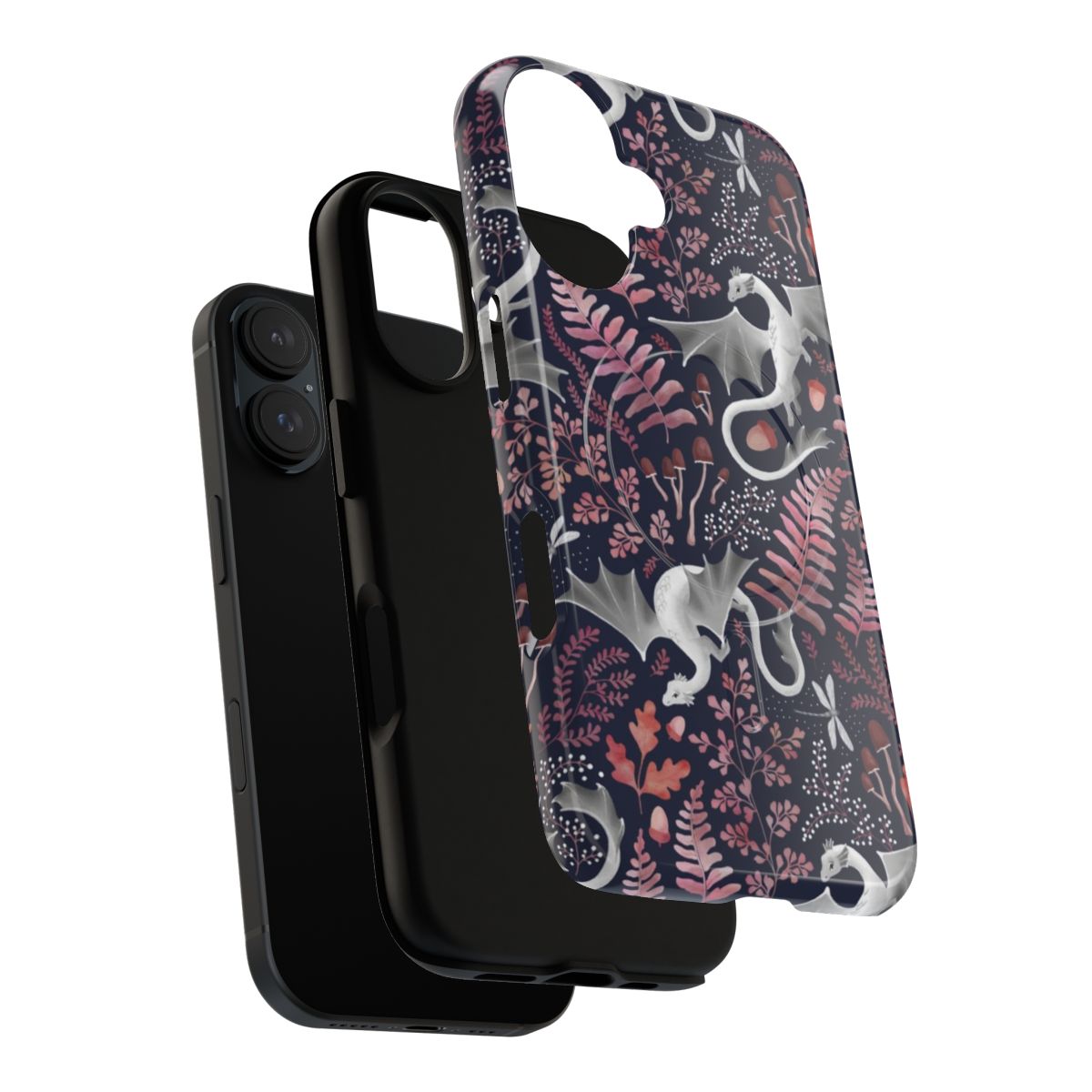 Autumn leaves and forest creatures in pink and navy blue design on a phone case - Layers