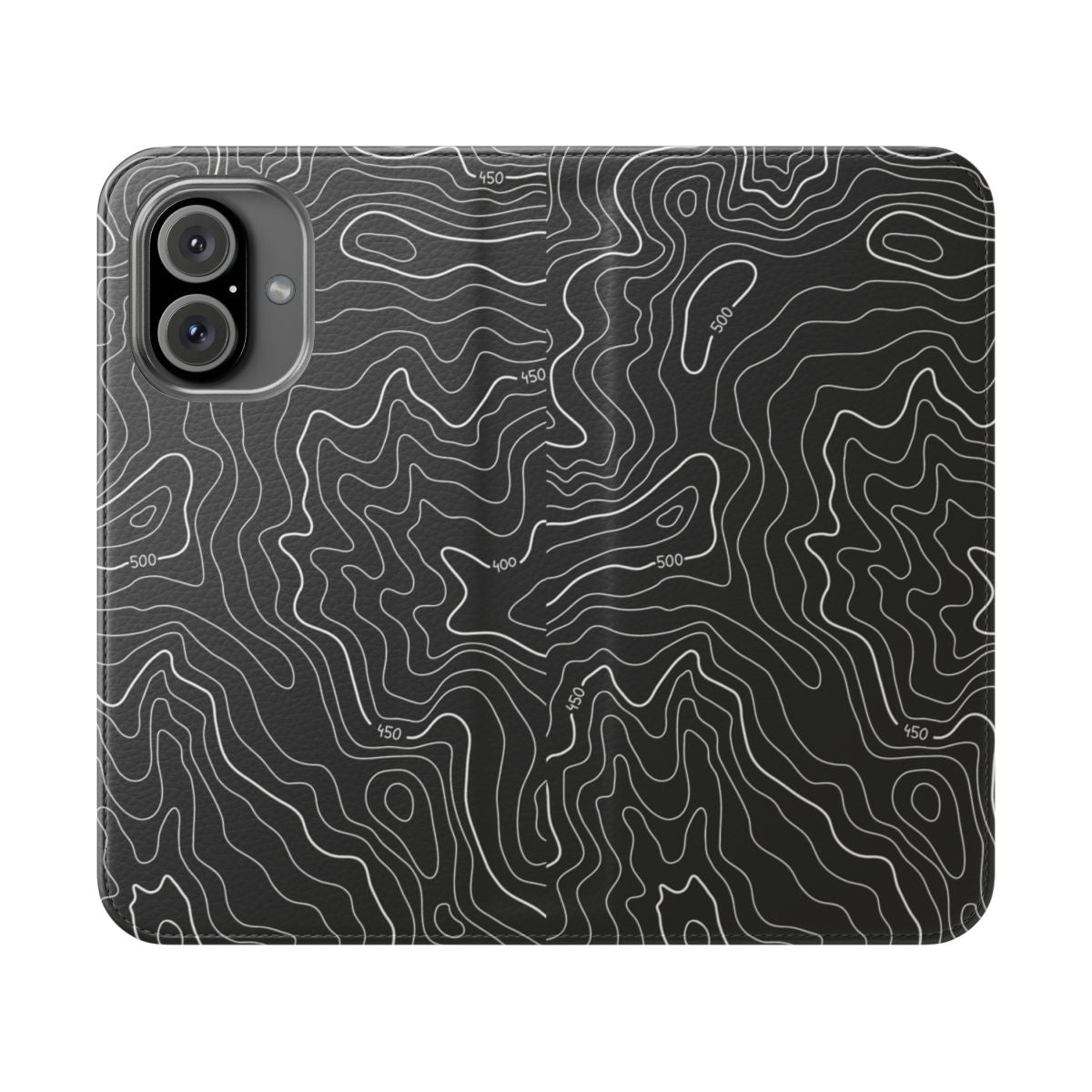 Topography-inspired flip cover phone case with minimalist, black and white design