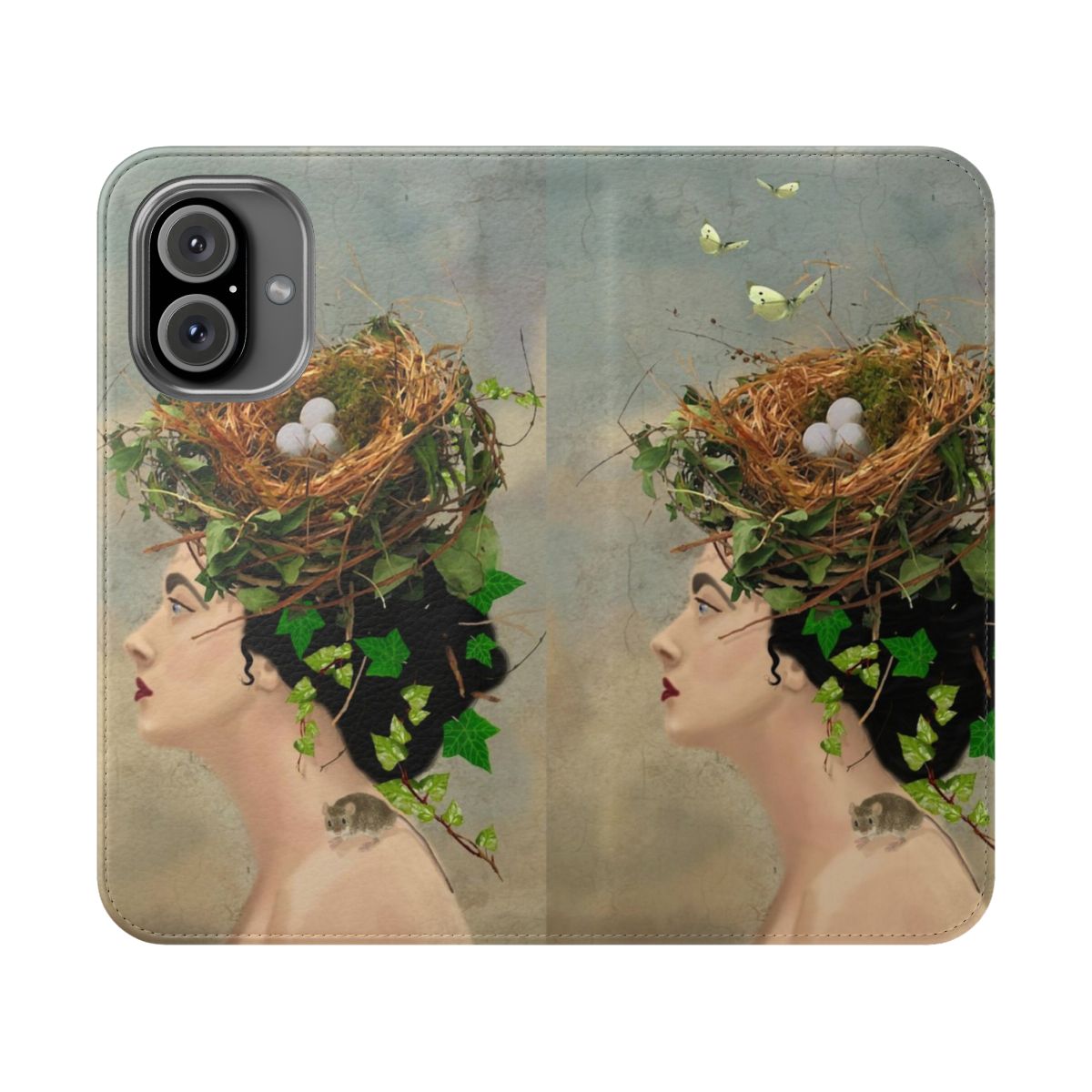 A flip phone case featuring a realistic birds nest, butterflies, leaves, and a blue sky background.