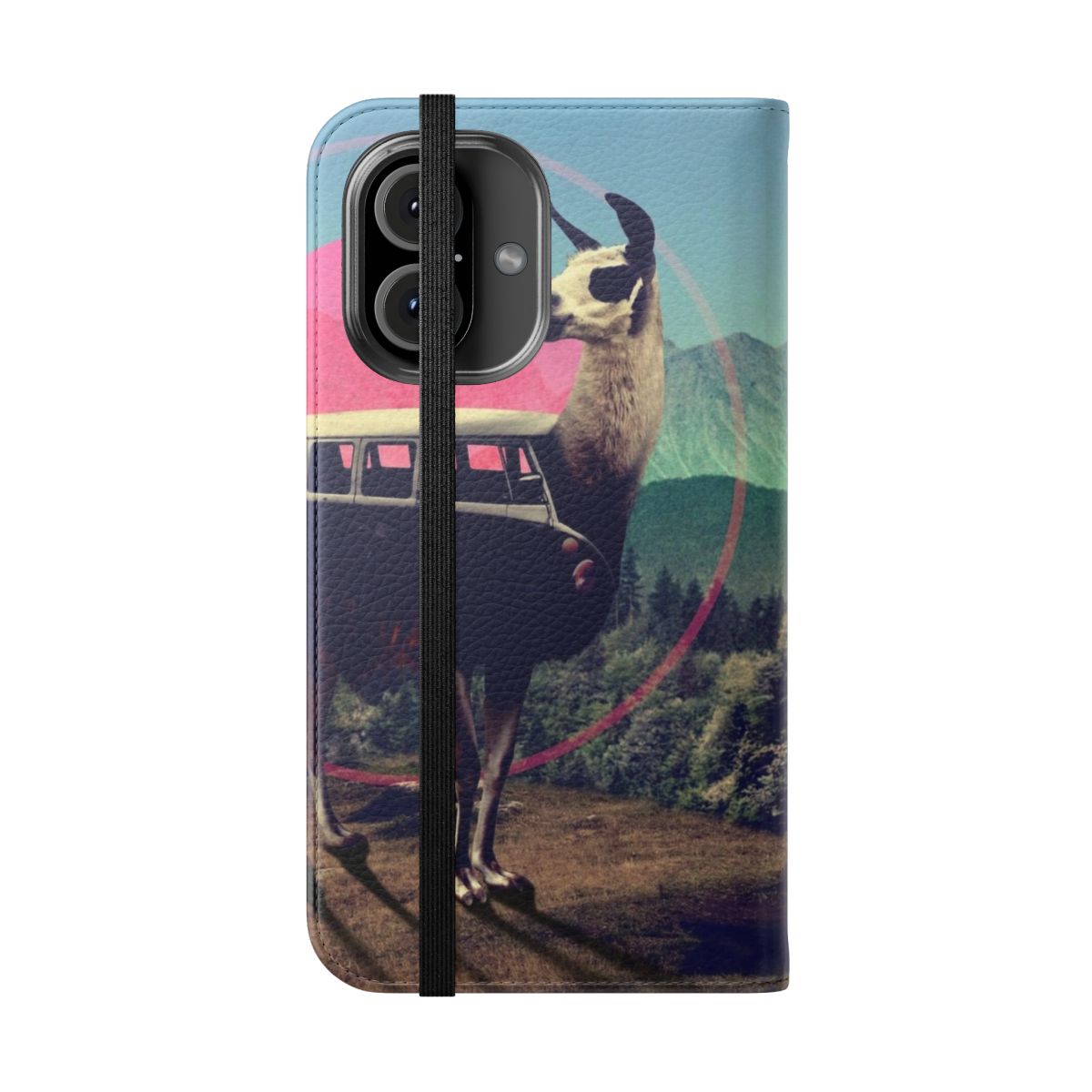 Vibrant llama-themed phone case with a collage design featuring a llama, van, and other graphic elements - Folded Front