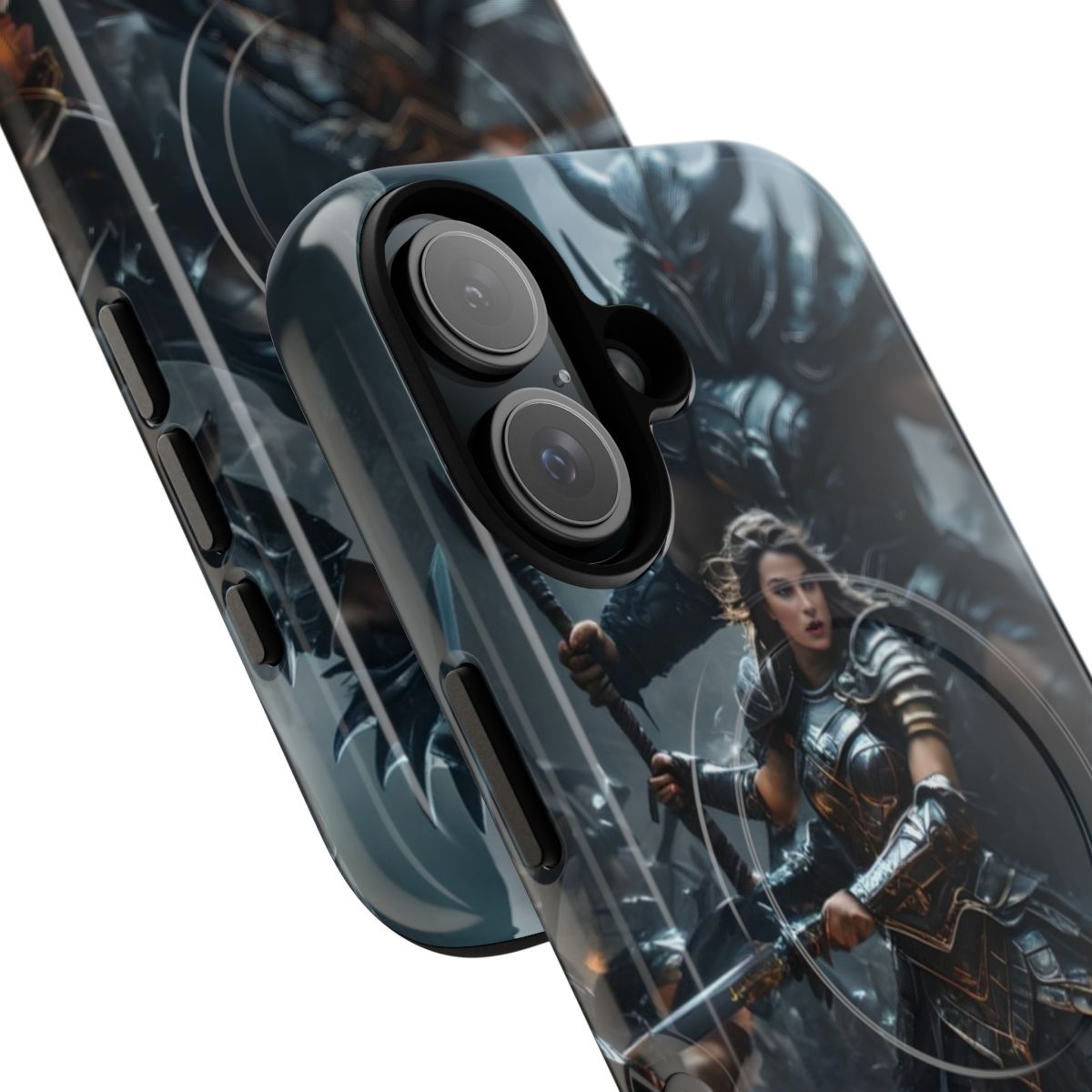 Durable fantasy-themed phone case with battle and action design - Detail