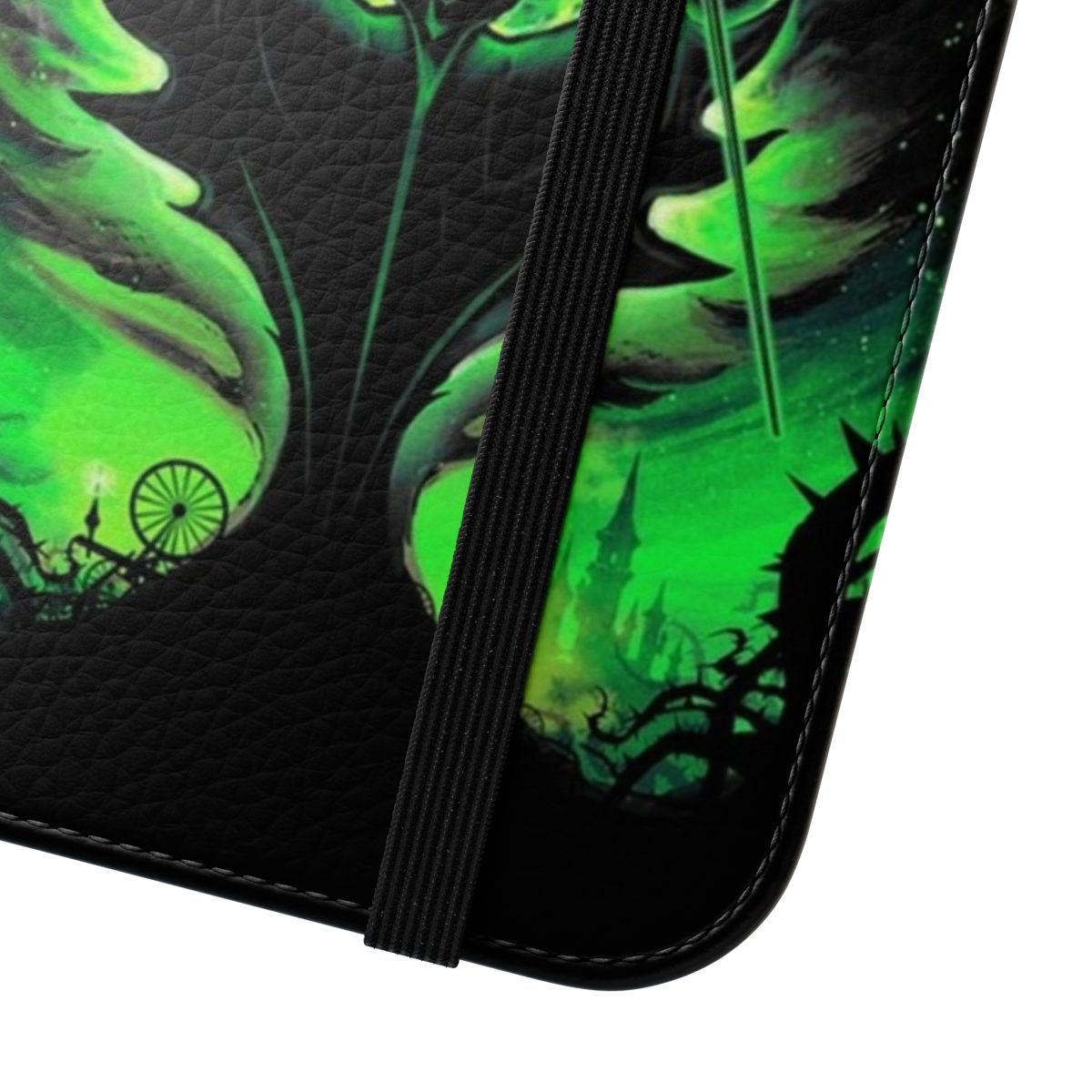 Flip cover phone case with a dark, gothic design inspired by the Disney villain Maleficent and the fantasy tale of Sleeping Beauty. - Close Up