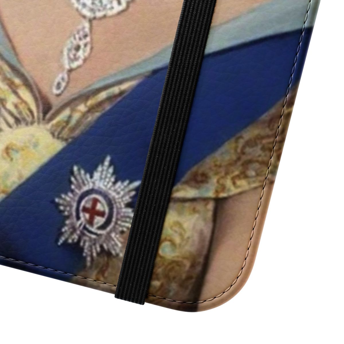 Stylish flip cover phone case featuring a regal design inspired by Queen Elizabeth II - Close Up