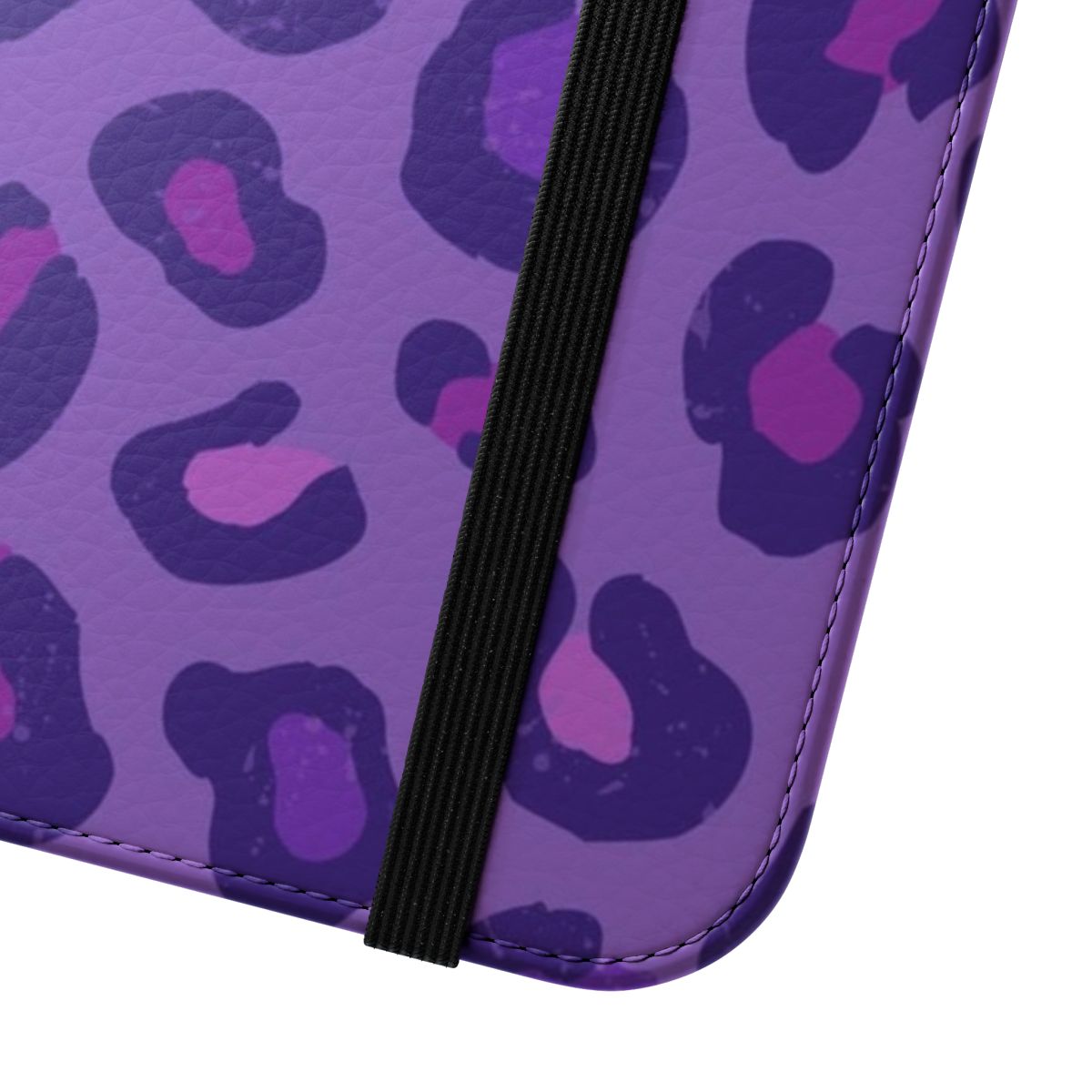 Vibrant leopard print flip cover phone case in purple and dusty pink tones. - Close Up