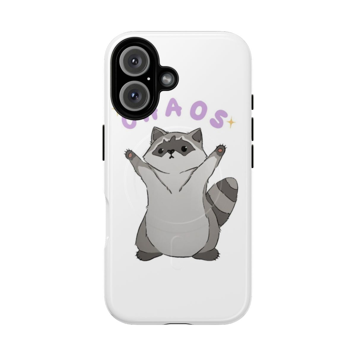 Closeup of a sparkly purple phone case with an adorable raccoon design