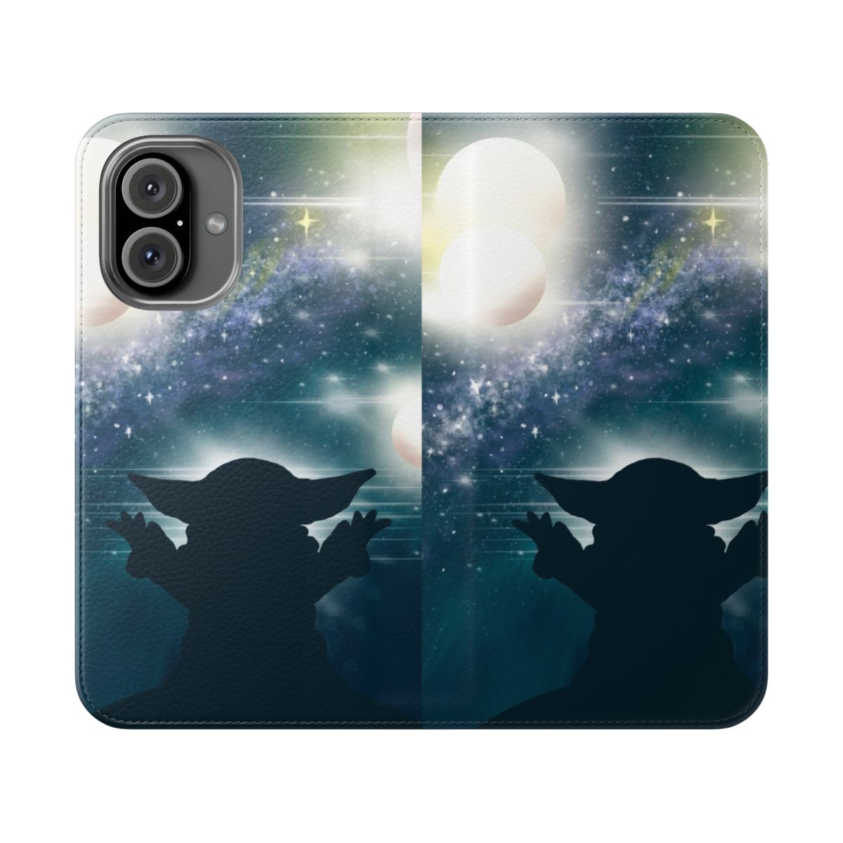 A flip cover phone case featuring a silhouetted child watching a starry, galactic sky