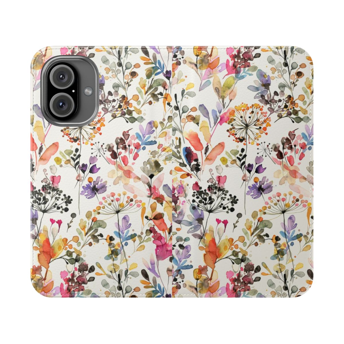 A flip cover phone case featuring a watercolor illustration of wild flowers and plants in a botanical print design.