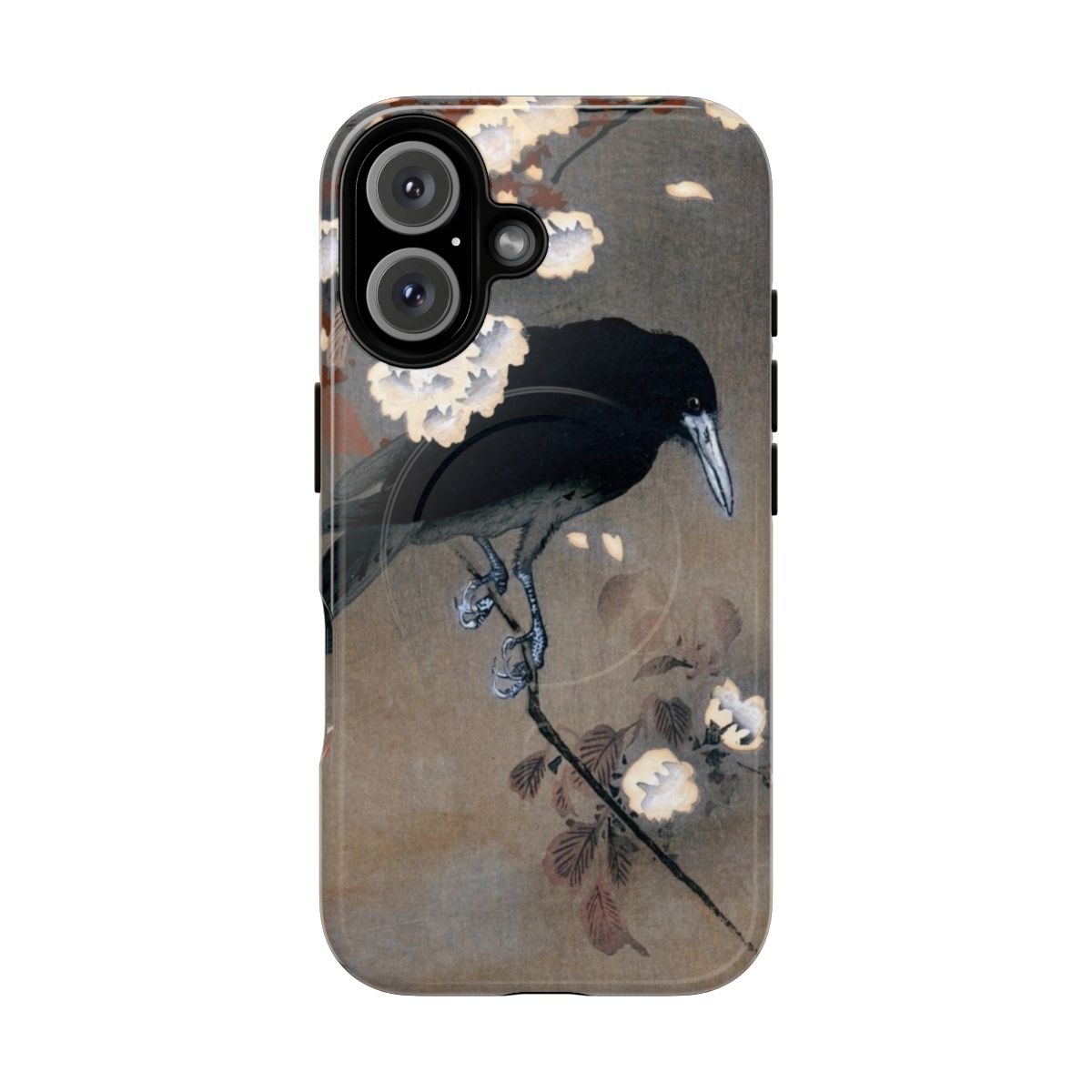 Artistic phone case with a Japanese woodblock print featuring a crow and blossoms