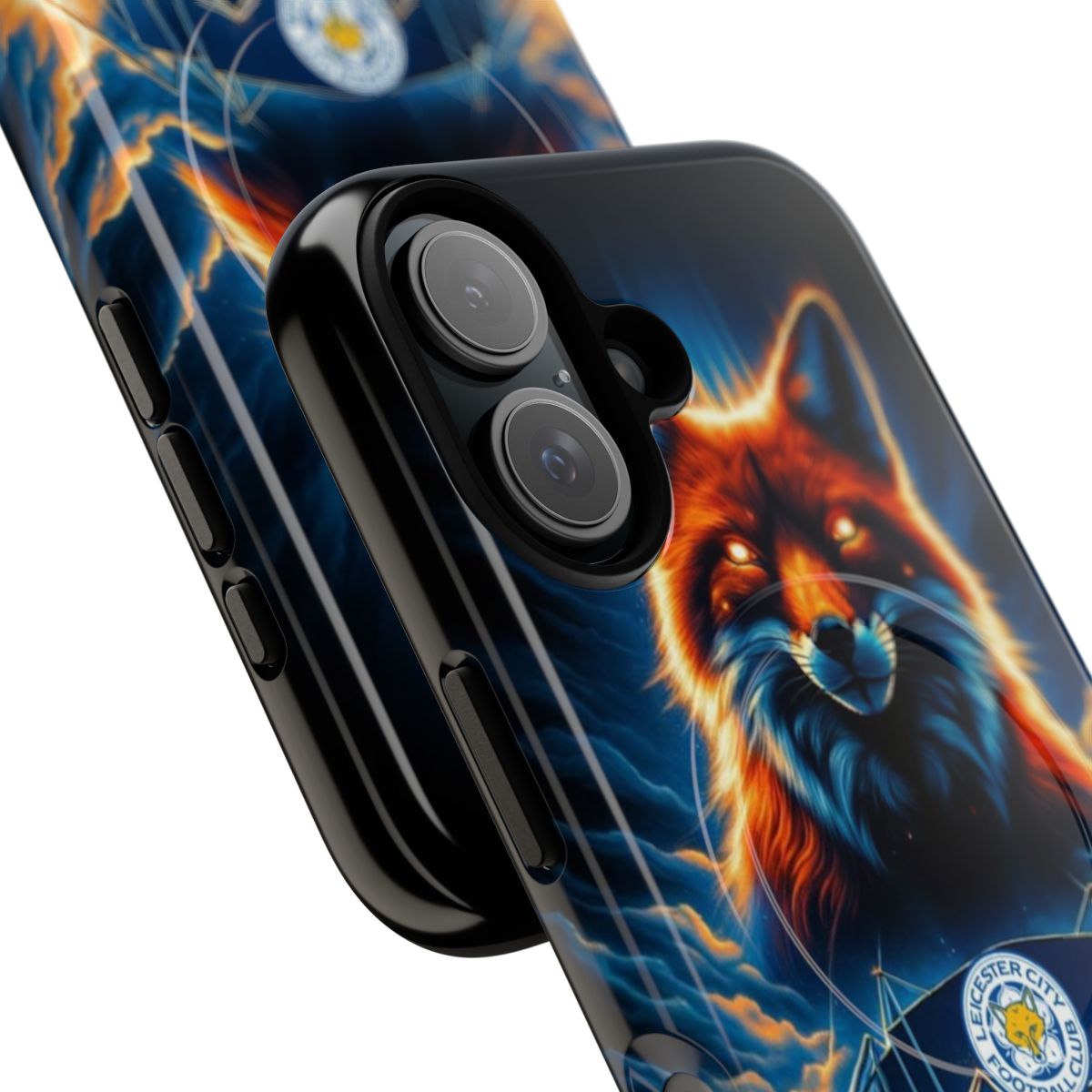 A night glow magnetic tough phone case featuring the Leicester City Foxes logo and colors. - Detail