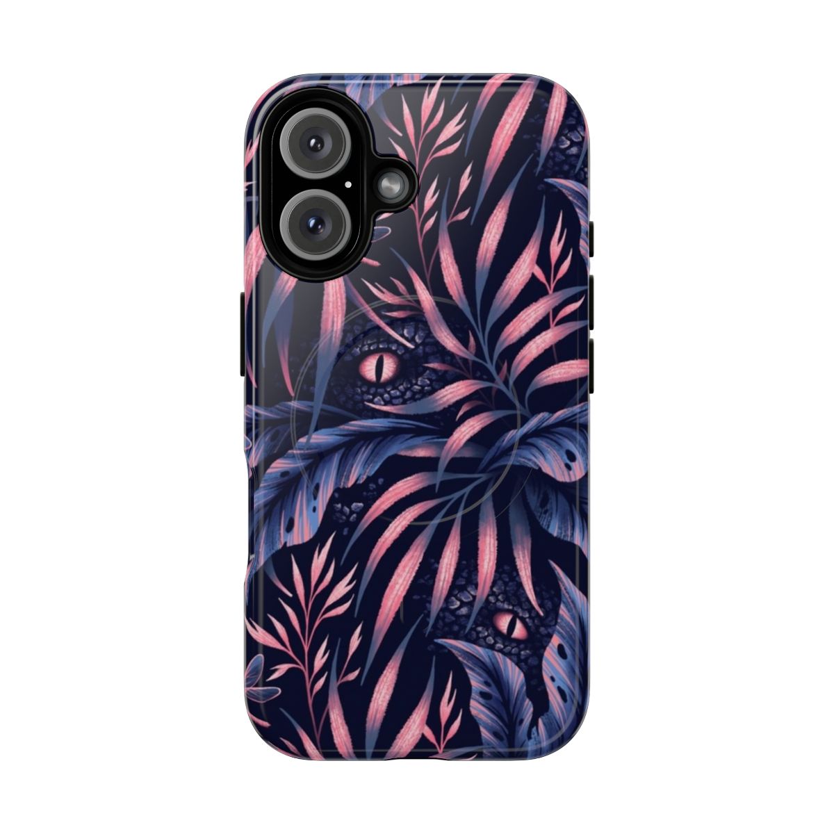 Tropical leaf and jungle-inspired phone case with navy and coral colors