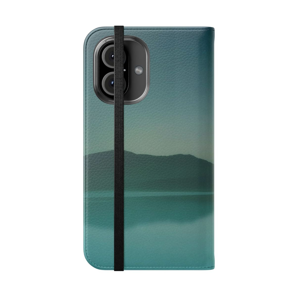 A nature-inspired flip cover phone case featuring a scenic forest lake landscape with a magical, misty atmosphere. - Folded Front