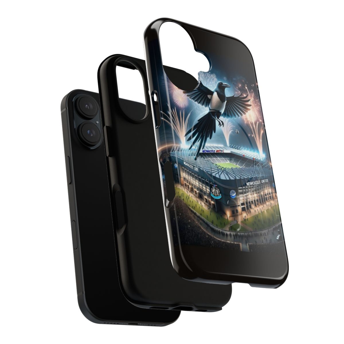 A stylish phone case featuring a night scene of St James' Park, home of Newcastle United Football Club, with a giant magpie and fireworks in the sky. - Layers