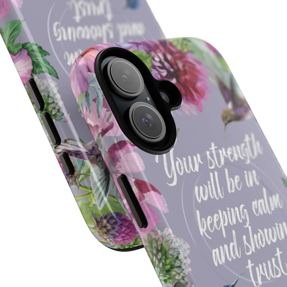 Magnetic tough phone case with hummingbird and floral design, inspired by the JW 2021 year text. - Detail