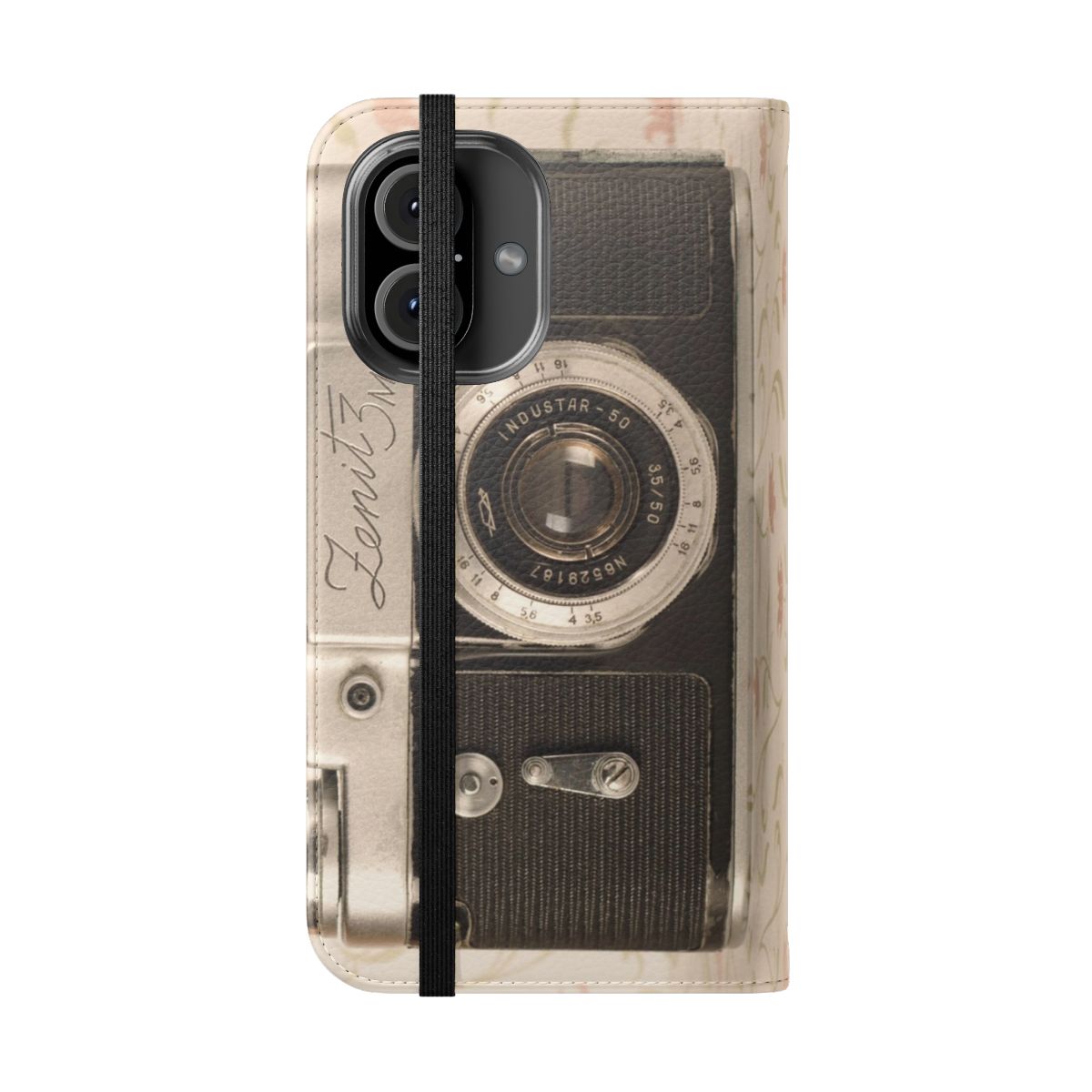 Vintage-inspired flip phone case with a camera design and retro colors - Folded Front