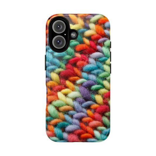 Colorful knitted phone case in a rainbow pattern