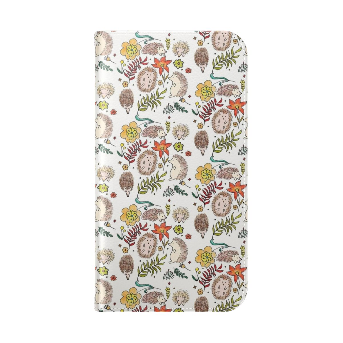 A colorful phone case featuring a hedgehog in a floral field design. - Folded Back