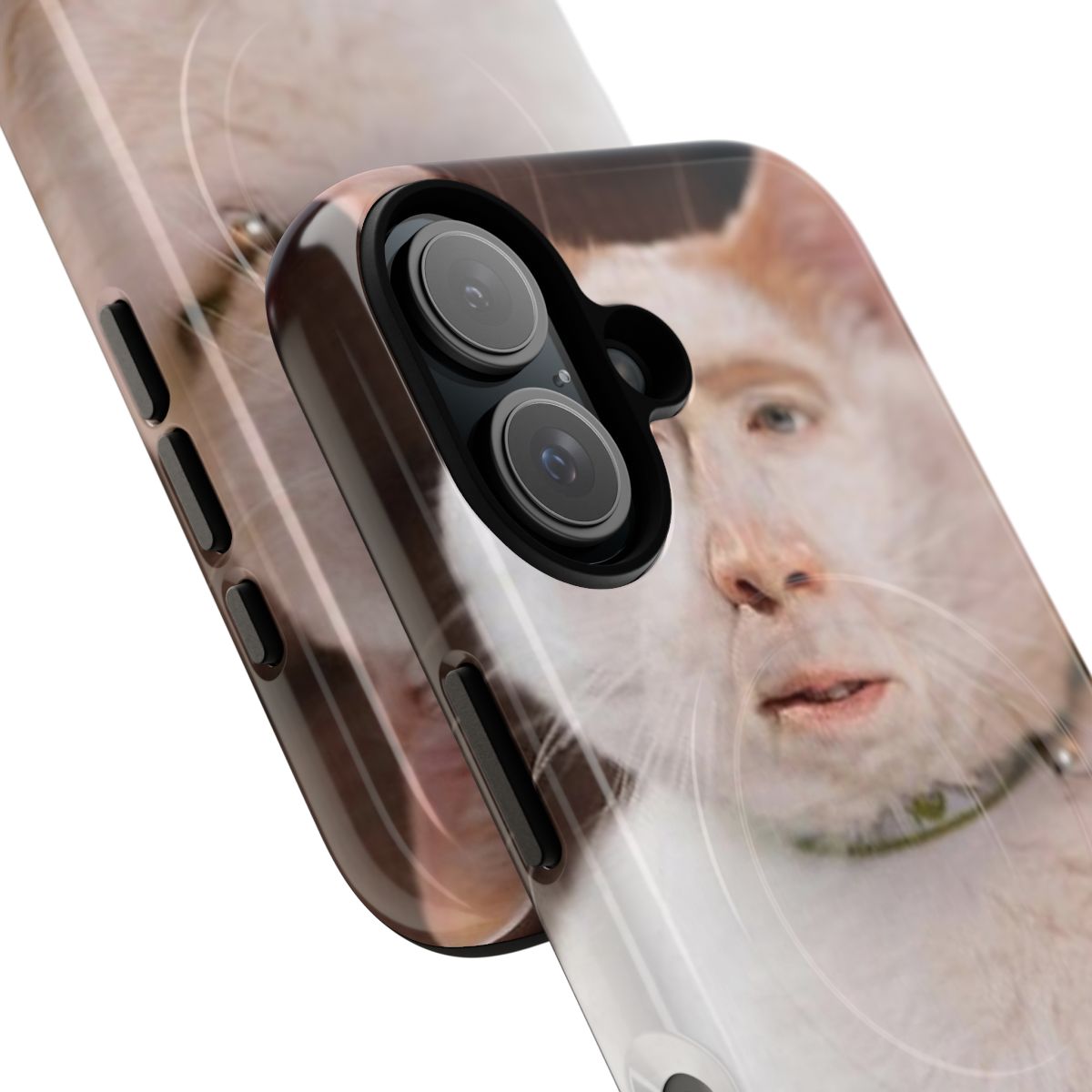 A magnetic phone case featuring a cat image with Nicolas Cage's face. - Detail