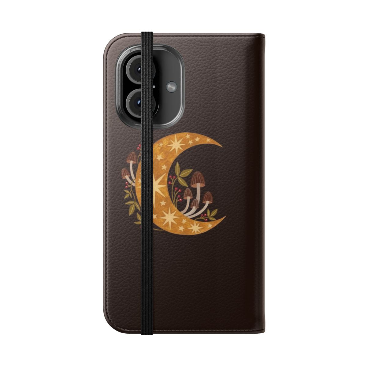 Enchanted forest moon phone case featuring nature elements like mushrooms, berries, and a starry sky. - Folded Front