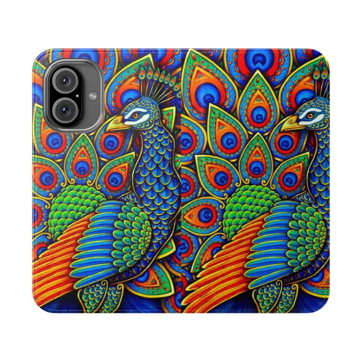 Colorful phone case with a stylized paisley peacock design in shades of blue, green, pink, and purple.