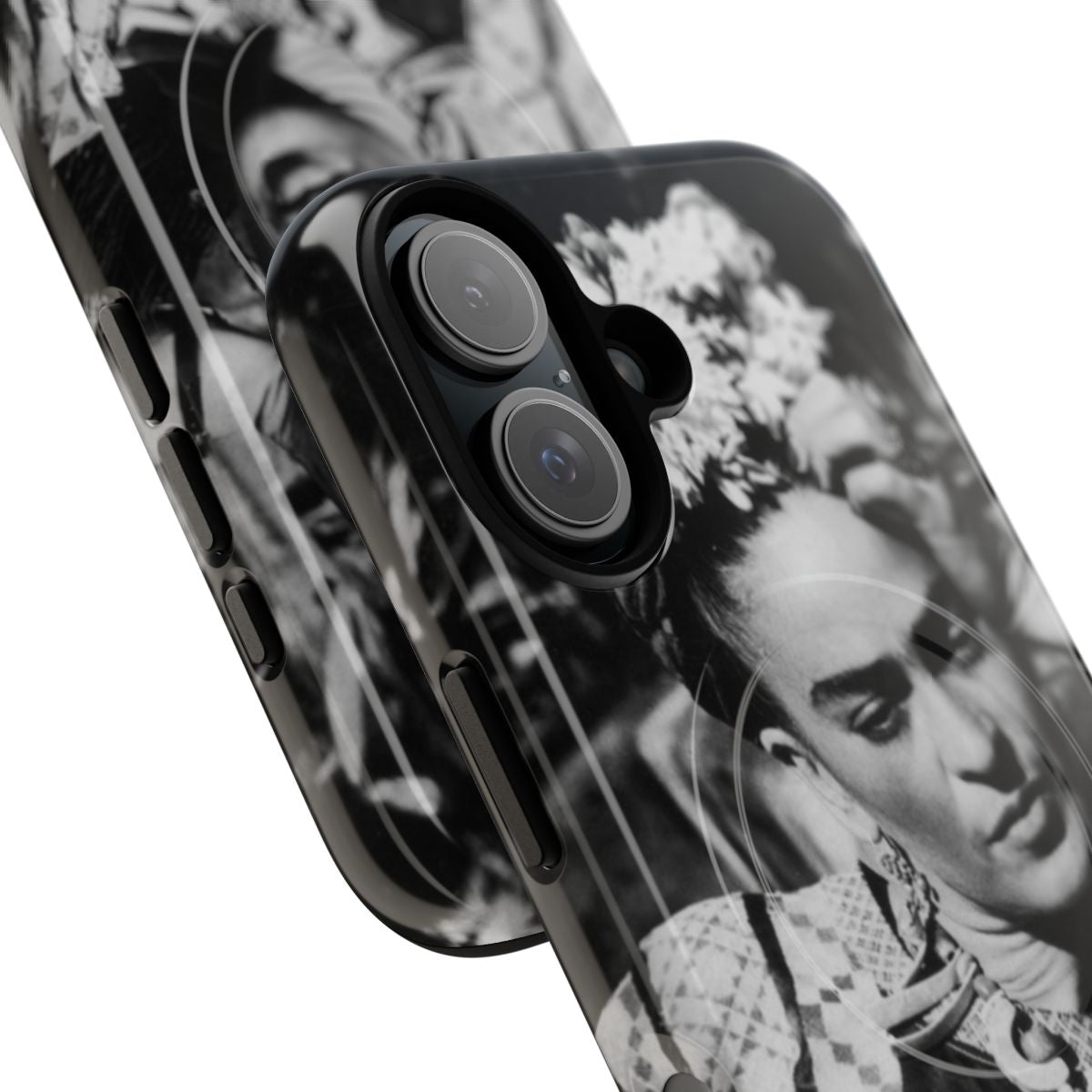 Artistic phone case featuring a portrait of Mexican artist Frida Kahlo with flowers - Detail