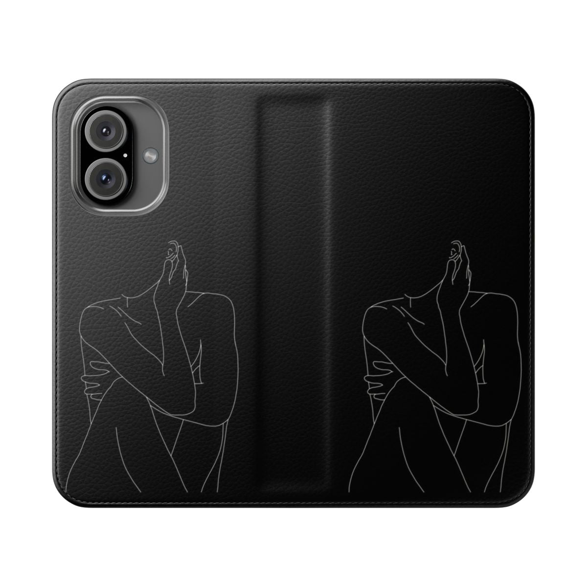 Minimalist phone case featuring a botanical, one-line illustration of a nude female figure.