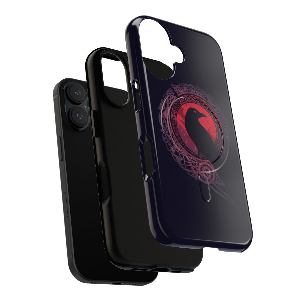 Stylish magnetic tough phone case with a nordic, scandinavian, and edda-inspired design featuring a raven silhouette. - Layers