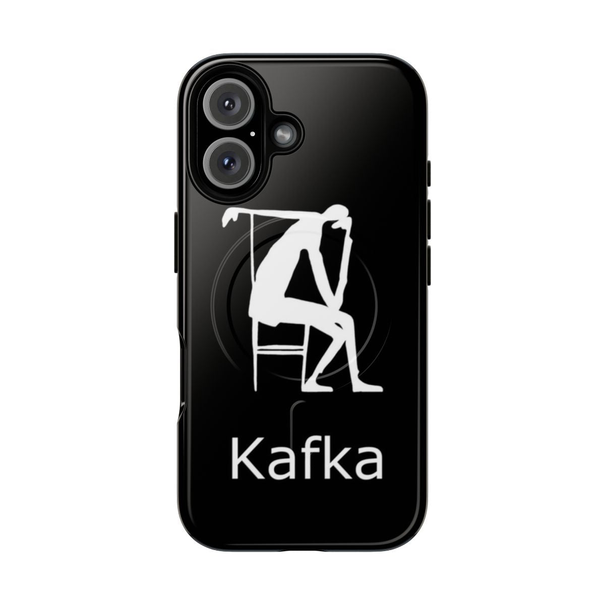 Minimalist black and white phone case design inspired by the works of Franz Kafka